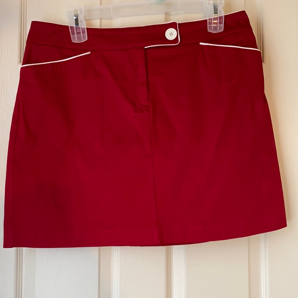 Tribal Red Denim Skirt with White Trim and Buttons